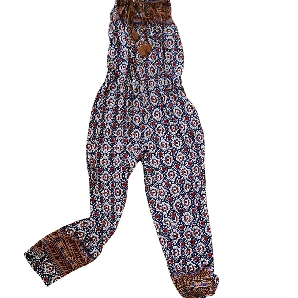 Women's Boho Printed Wide-Leg Jumpsuit Blue Multicolor S/M